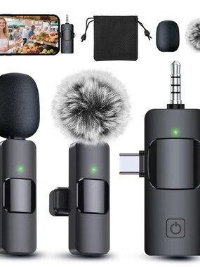 PQRQP 3-in-1 Wireless Lavalier Microphone for iPhone Android Camera Black
